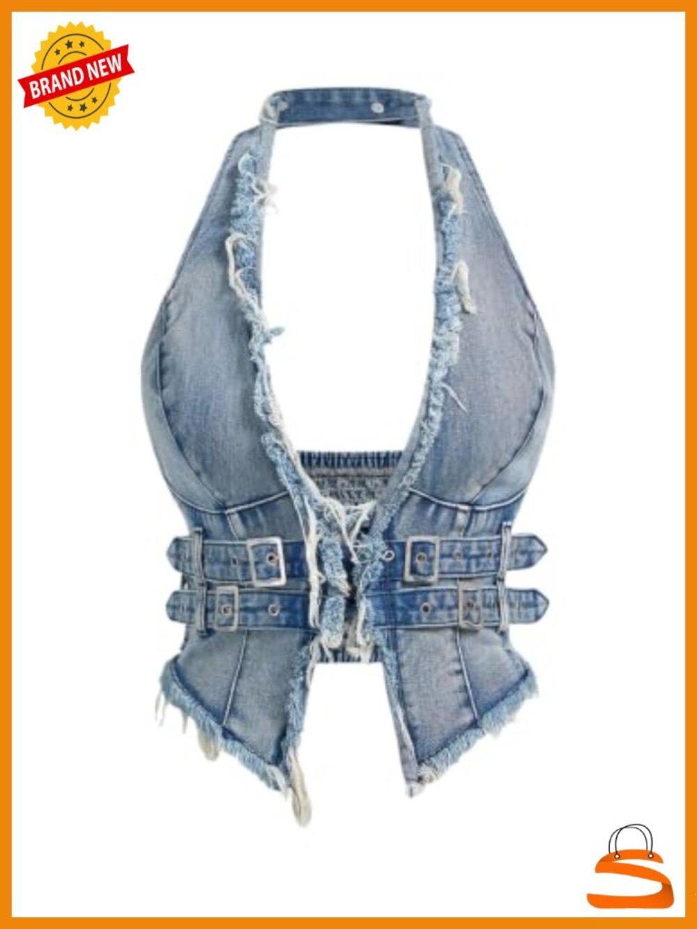 Sleeveless Halter Backless Fringe Denim Crop Top